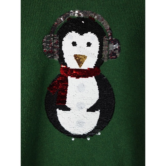 H&M Unisex Christmas Sweater Size 8 Green Snowman Penguins Sequins Long Sleeve - Picture 7 of 13